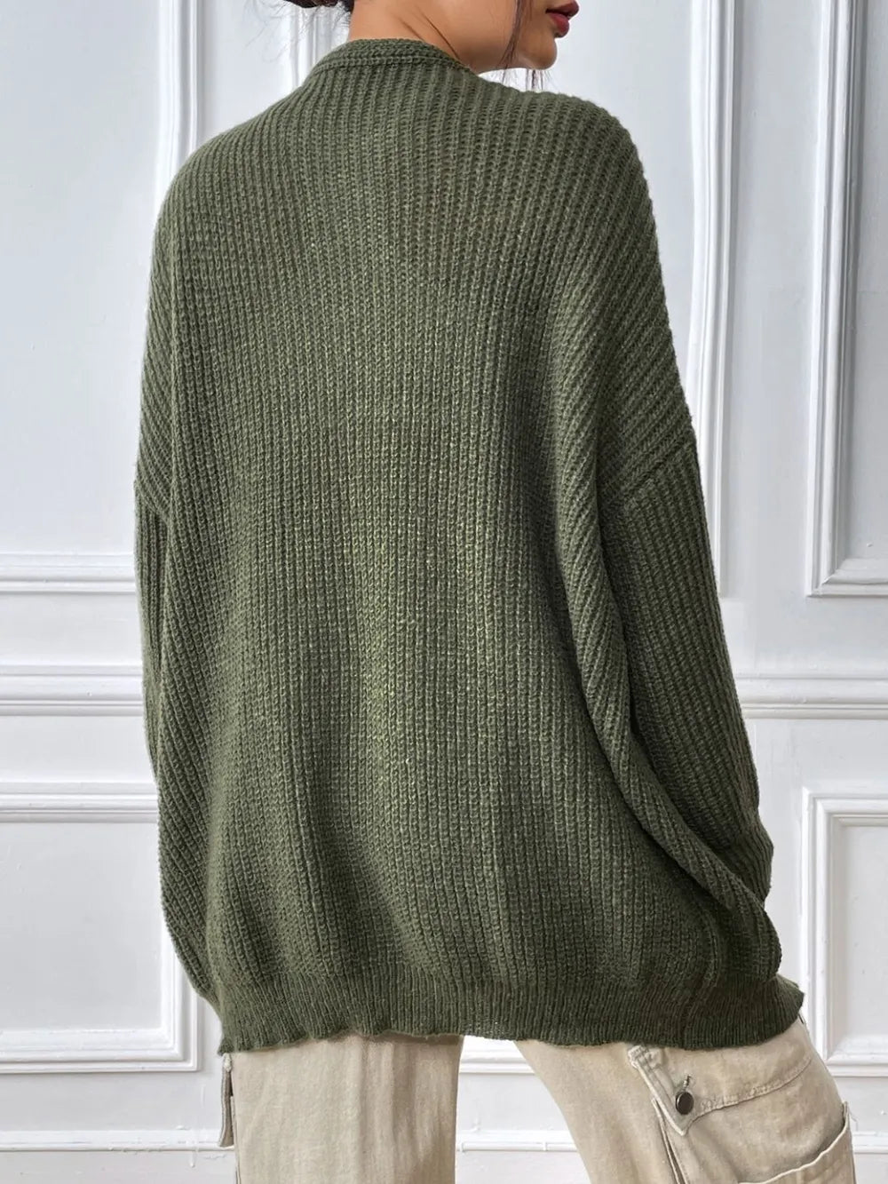 Women’s army green knit cardigan back, long sleeves, ribbed cuffs and hem