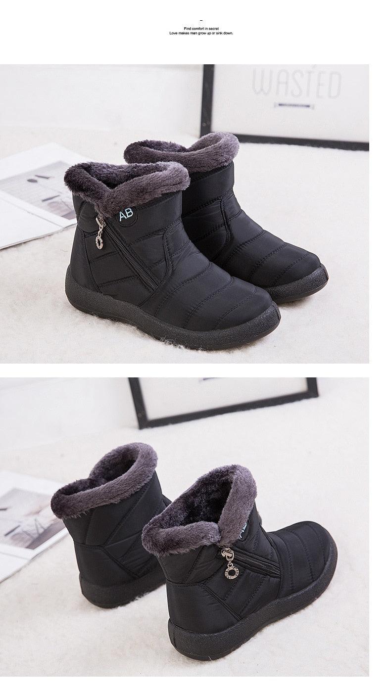 Dark gray ankle snow boots with plush lining and side zipper, rubber tread sole