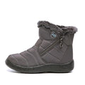 Women’s gray winter ankle boots with faux fur trim and side zipper