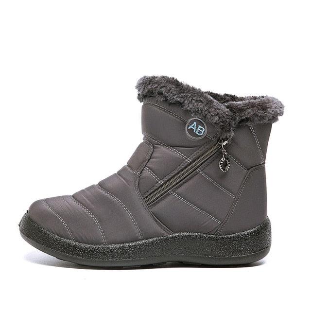 Women’s gray winter ankle boots with faux fur trim and side zipper