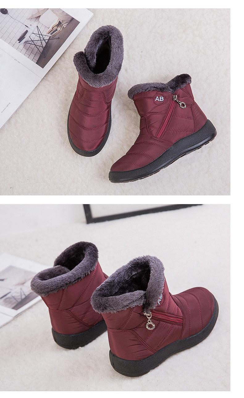 Women’s winter ankle boots, burgundy quilted style with faux-fur cuffs and side zipper