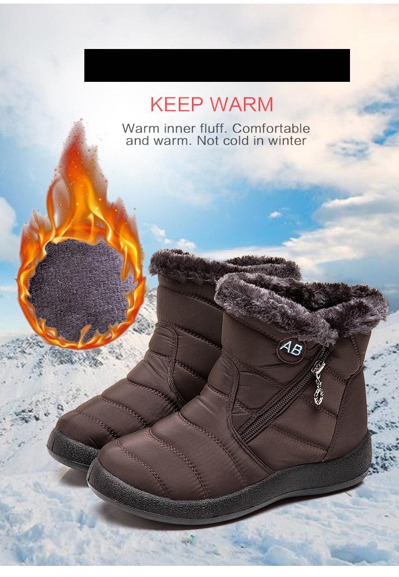 Brown short snow boots with plush fur collar, side zipper, thick winter outsole
