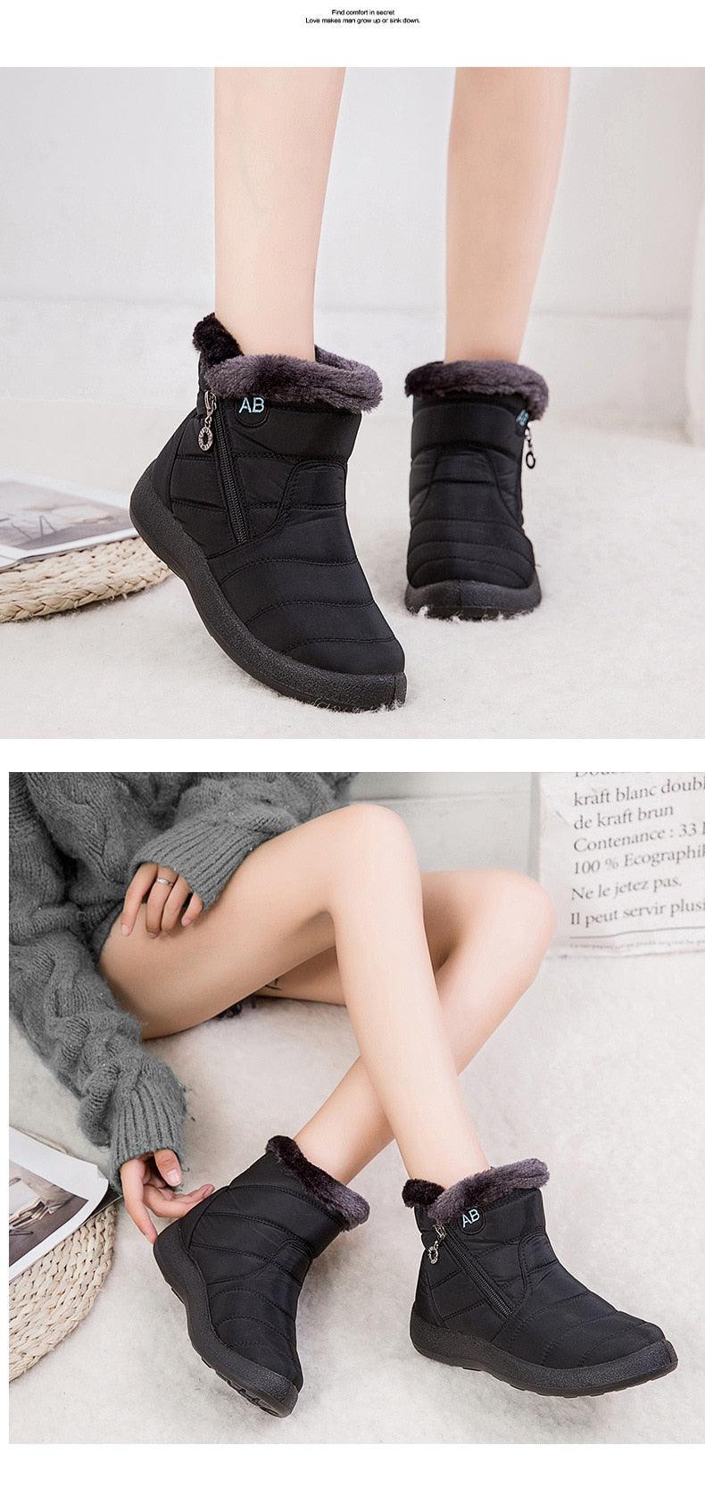 Women’s winter ankle boots, black with faux-fur trim and side zipper, pair on model