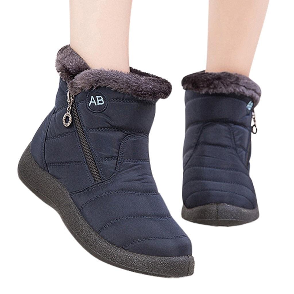 Women’s winter ankle boots, dark blue/black with faux-fur cuffs and side zipper