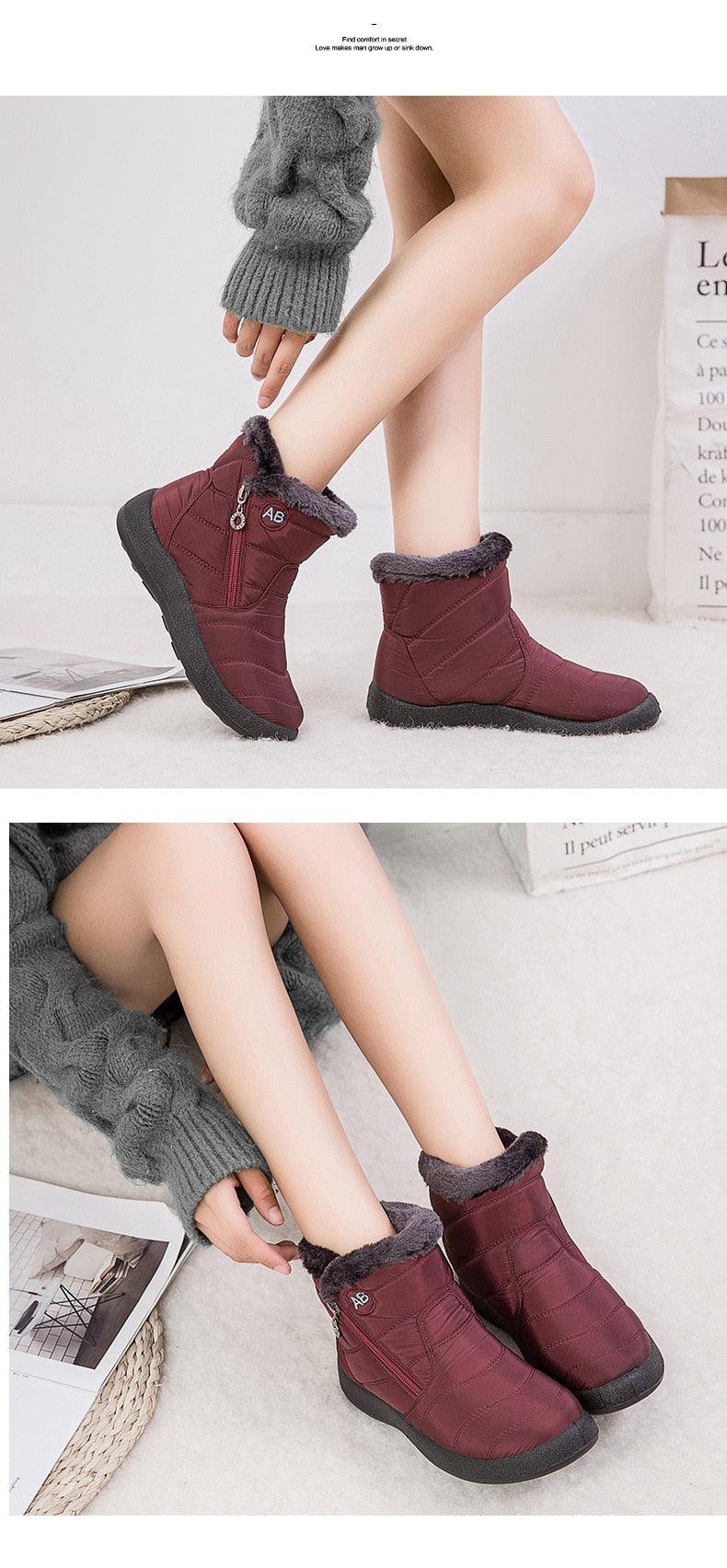 Women’s winter ankle boots, burgundy faux-fur cuffs and side zipper, pair worn and close-up