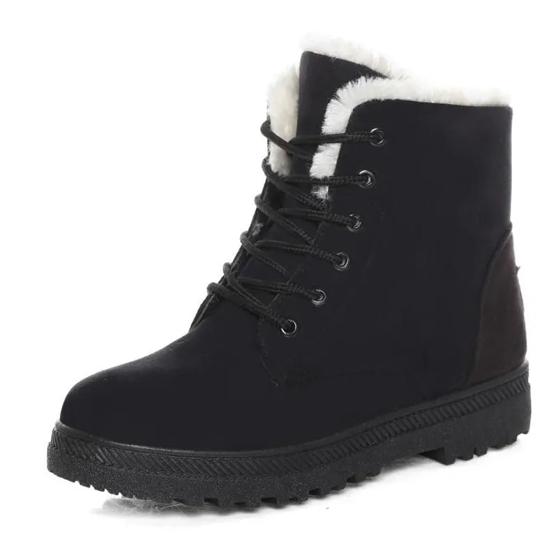 Black suede-look ankle boot with lace-up closure, white faux-fur cuff, and chunky sole