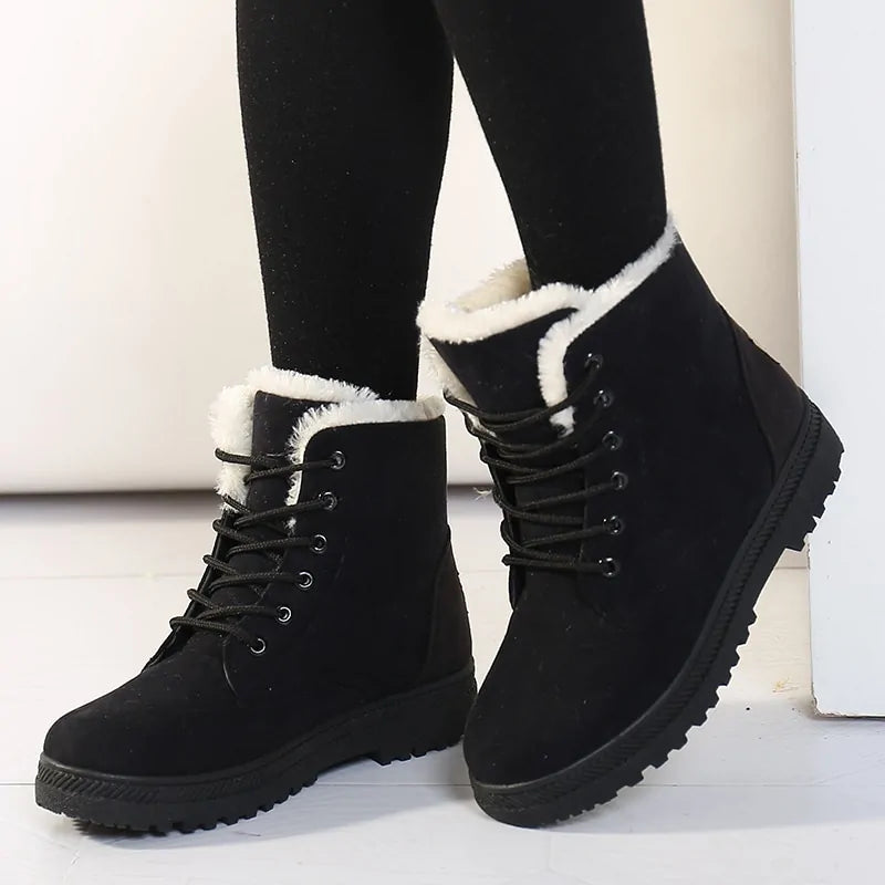 Black ankle boots with lace-up front, white faux-fur trim, and rugged tread sole