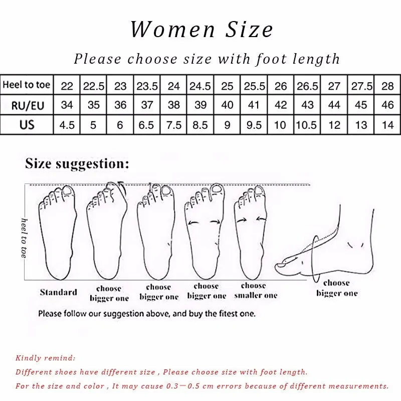 Women size chart showing heel-to-toe and foot length for RU/EU and US sizing