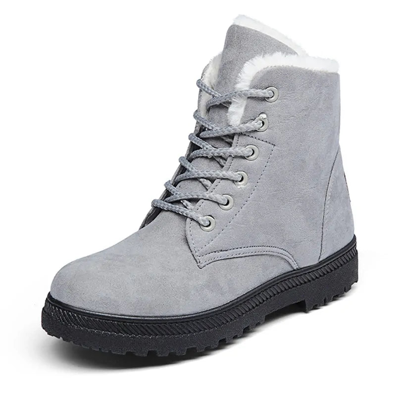 Gray lace-up ankle boots with white faux-fur lining and rugged tread rubber sole