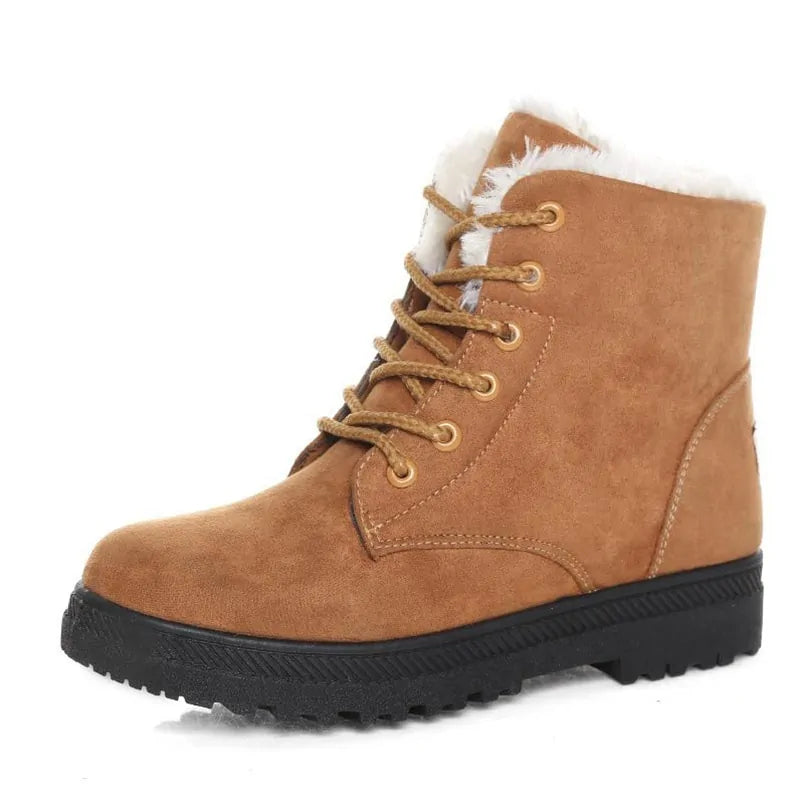 Women's lace-up ankle winter boots with faux fur collar, brown suede and tread sole