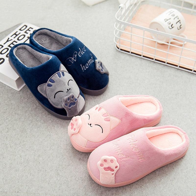 Women’s blue and pink cat slippers with plush lining, slip-on home footwear