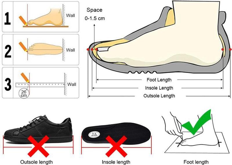Black cat slippers sizing diagram, shows outsole vs insole vs foot length fit