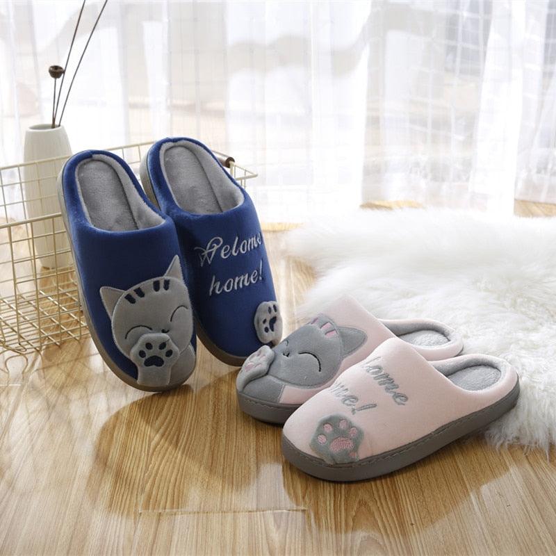 Women’s blue and gray cat slippers set, plush lining, slip-on indoor shoes