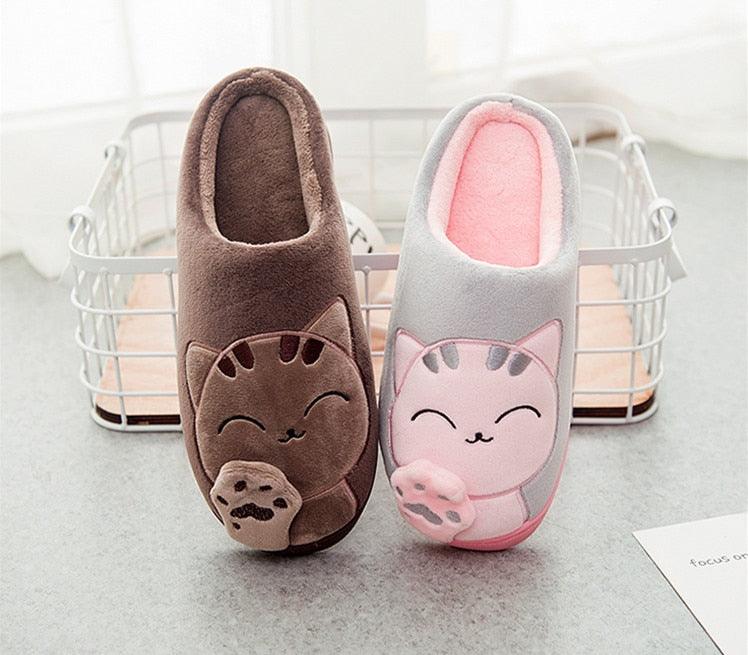 Women’s cat face winter slippers, plush lining, slip-on style with rubber sole