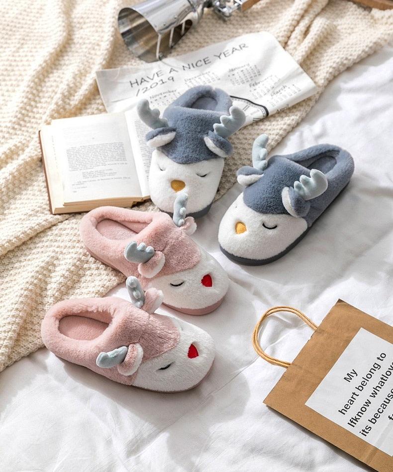 Multi-color plush deer-face slippers set with closed toe and fuzzy ankle cuff