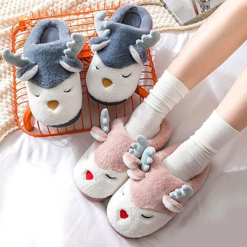 Fuzzy animal-face home slippers in blue and pink, plush with padded closed toe
