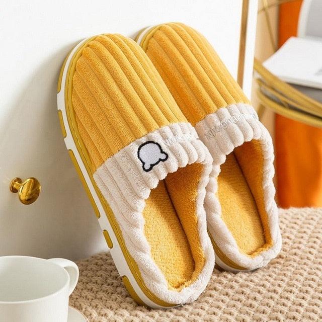 Corduroy house slippers with fuzzy lining, yellow and cream, closed toe