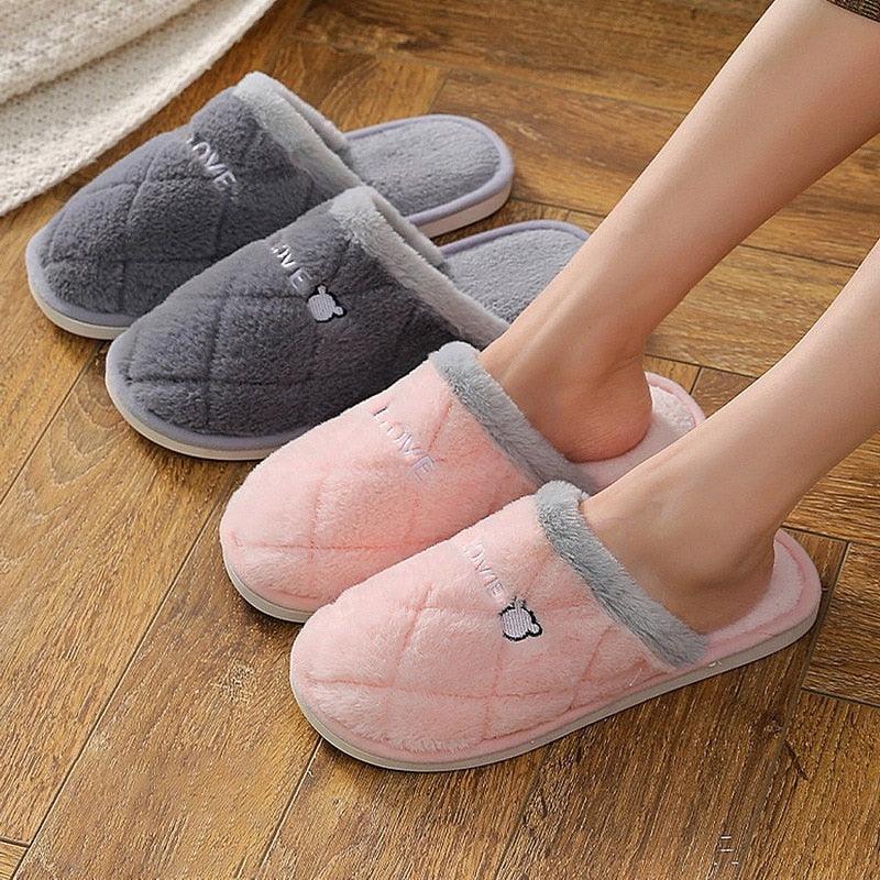 Gray and pink plush house slippers with bear embroidery and open-back fit