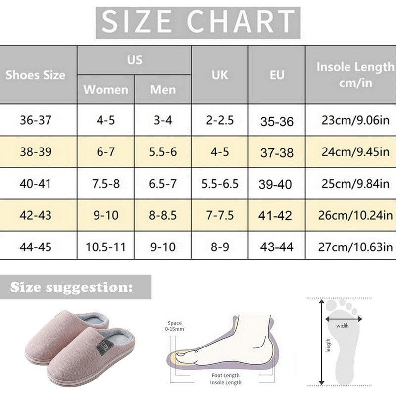 Slipper size chart graphic with US, UK, EU sizing and insoles length
