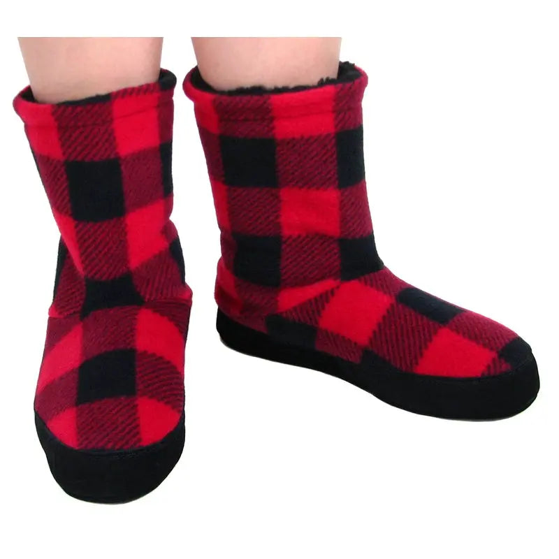 Women’s buffalo plaid snugs worn with red-black buffalo check pattern and black cuffs