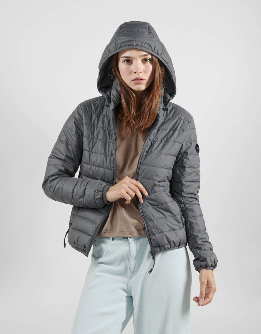 Women's hooded puffer alpaca jacket in dark gray, full-zip with side pockets