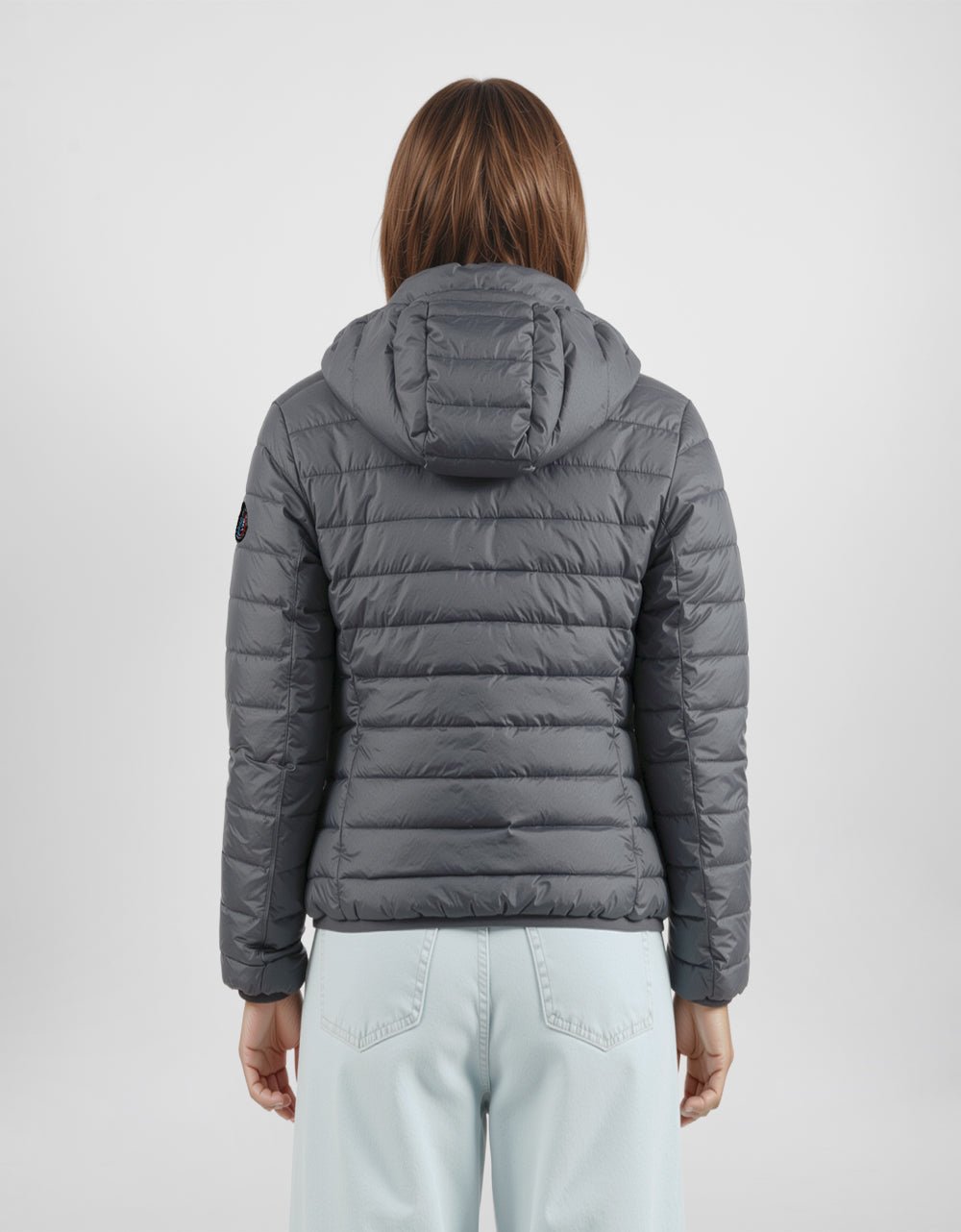 Women's hooded puffer alpaca jacket back view in dark gray with quilted insulation