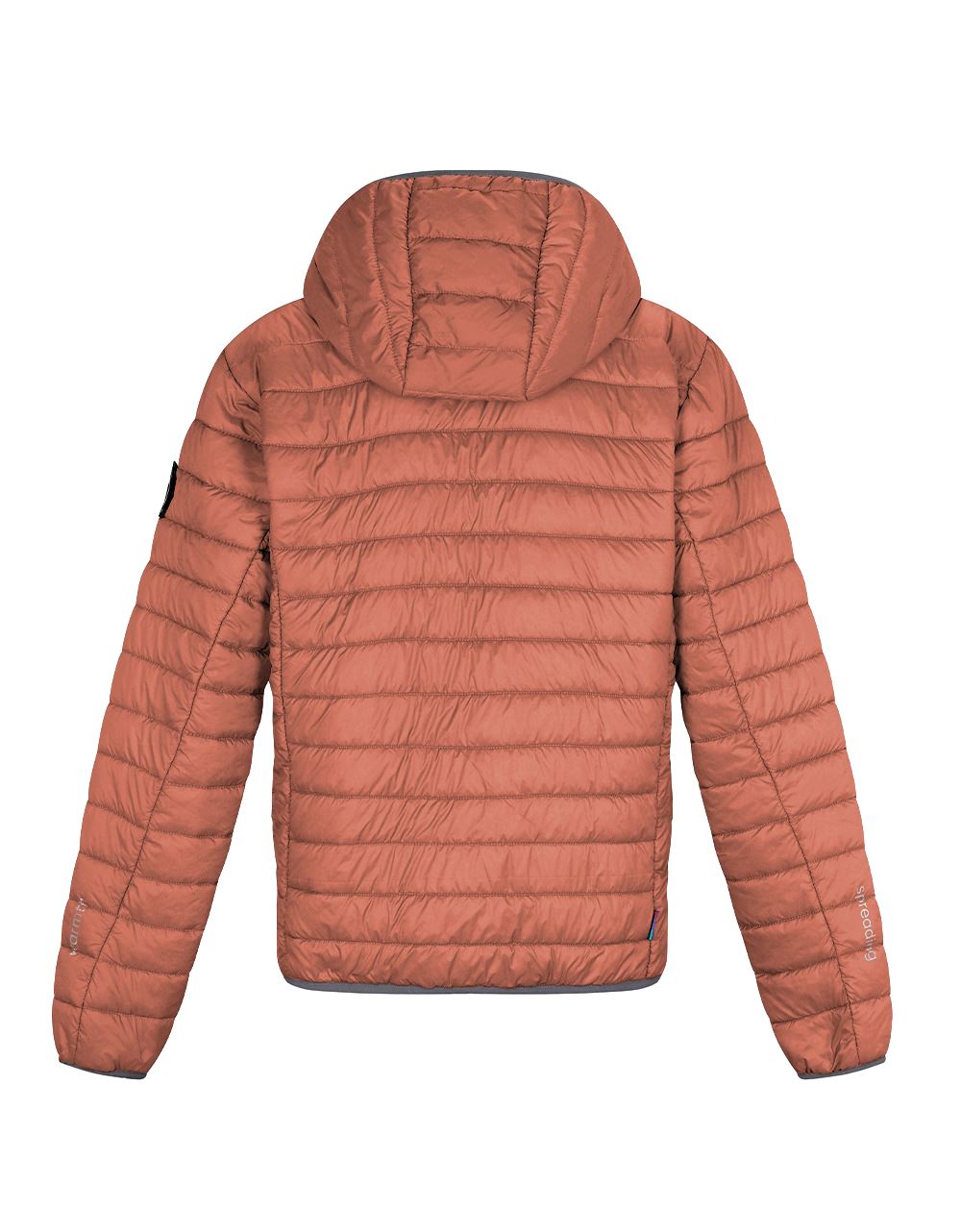 Women’s orange alpaca puffer jacket with hood and full-zip, back view