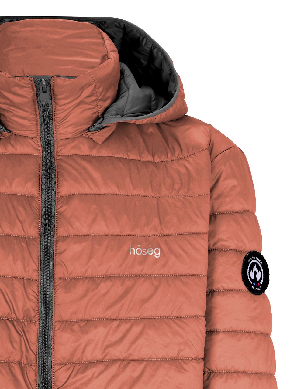 Orange alpaca puffer jacket close-up with hood lining, zip, and chest logo