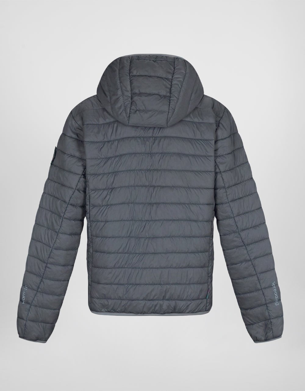 Women's hooded puffer alpaca jacket in charcoal gray, full-zip front and quilted panels