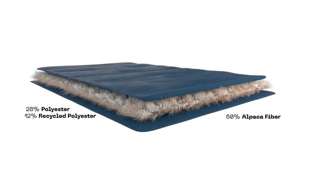 Puffer jacket fabric swatch showing alpaca-fiber insulation with blue outer layer