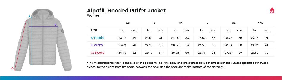 Alpafill hooded puffer jacket size chart with measurements by size XS–XXL