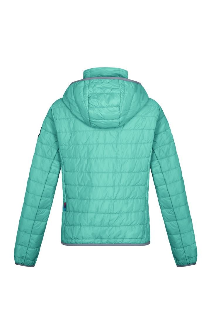 Women's teal alpaca puffer jacket with hood, full-zip front, long sleeves