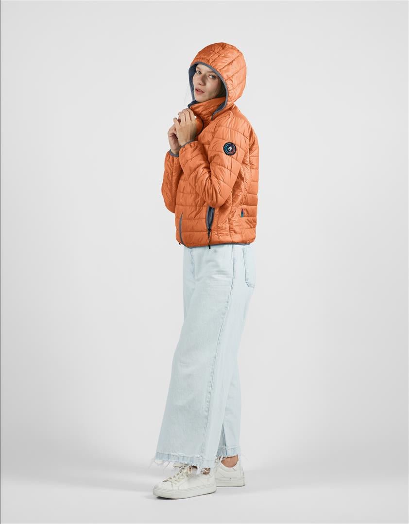 Women's orange alpaca puffer jacket with attached hood and full front zipper
