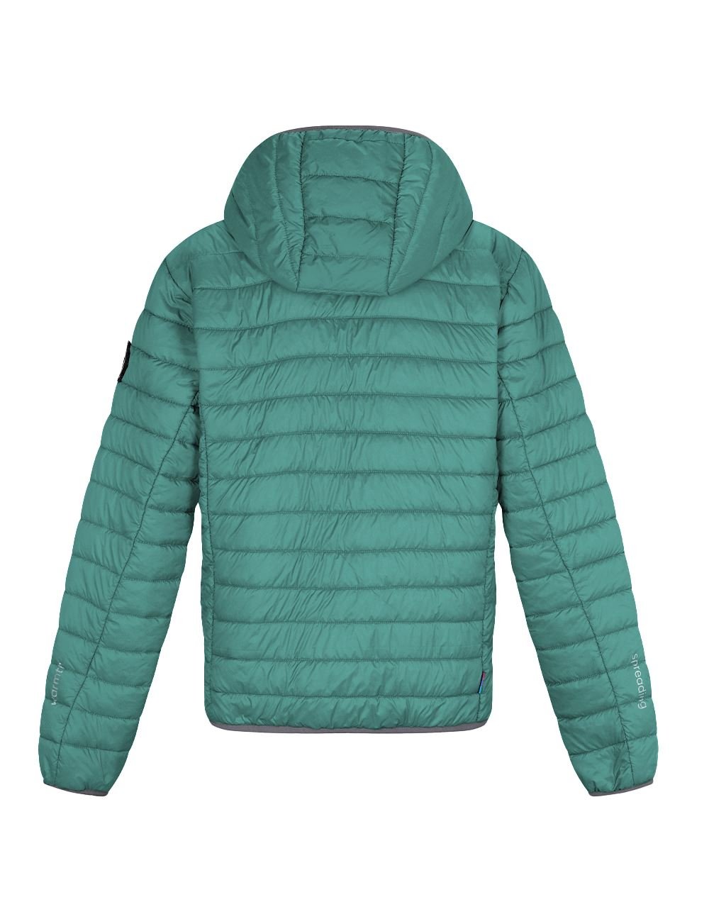 Women’s teal alpaca puffer jacket with hood, full-zip, back view