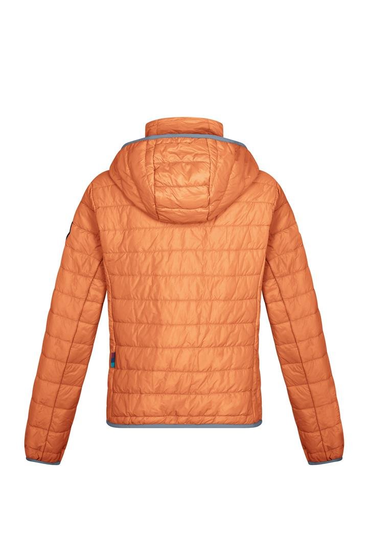 Women's orange alpaca puffer jacket from back with hood and long sleeves