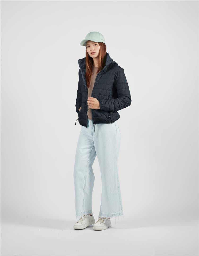 Black hooded puffer jacket on model with zip-front and long sleeves