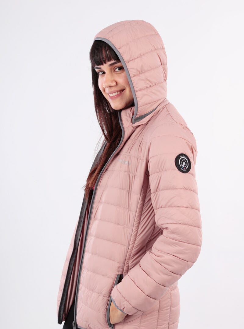 Mauve hooded puffer jacket with full-zip front and long sleeves, side profile