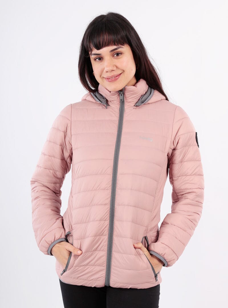 Mauve women's quilted puffer jacket with full-zip front, hood, and cuffed sleeves
