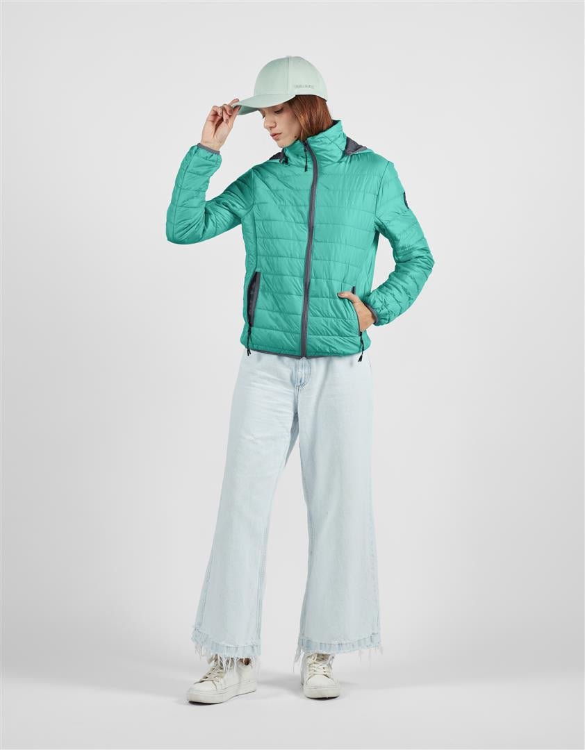 Teal hooded puffer jacket on model with zip-front and long sleeves