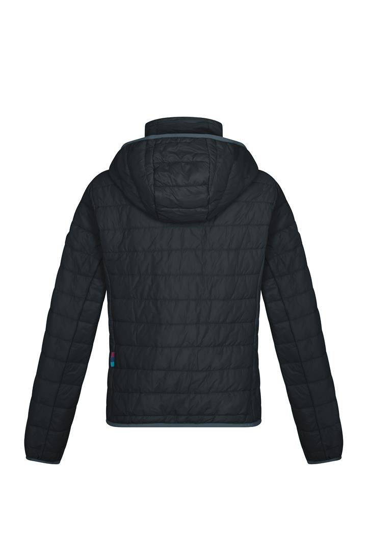 Black hooded puffer jacket back view with quilted padding