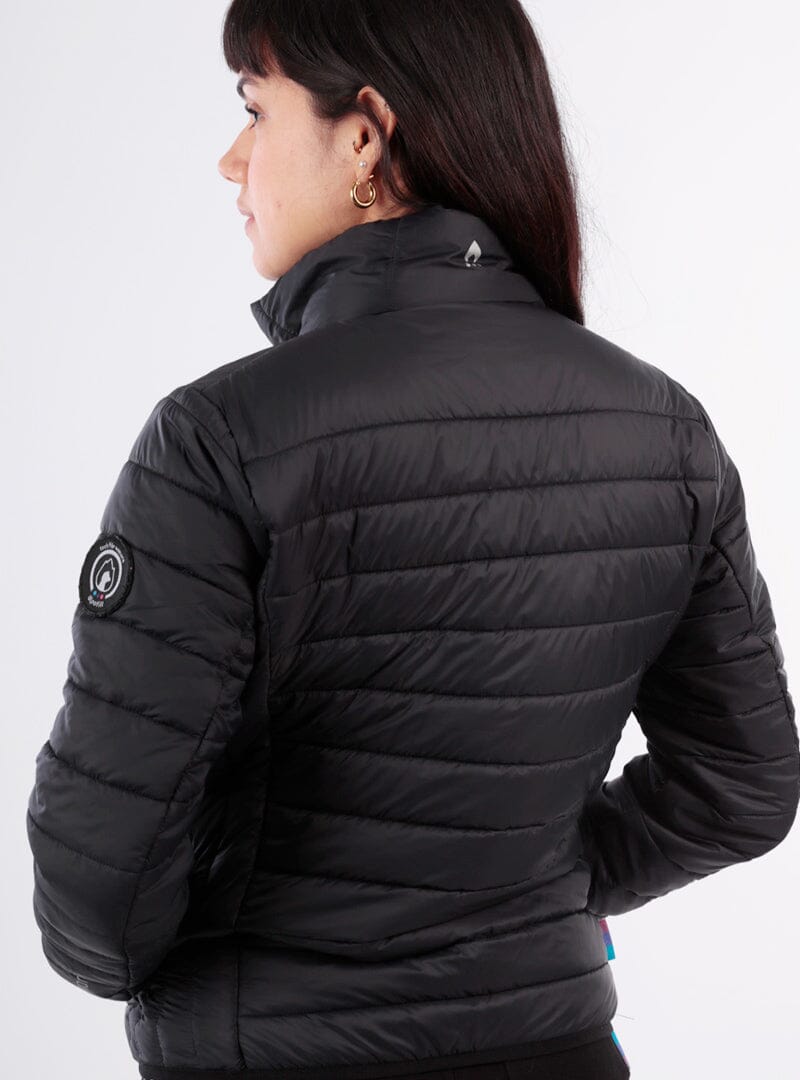 Women’s puffer alpaca jacket, dark gray/black, side view showing quilted back and sleeves