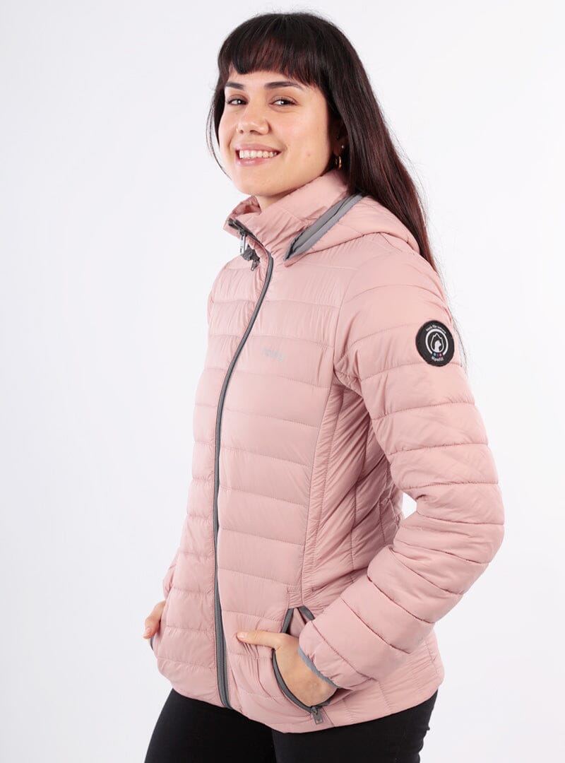Mauve women's quilted puffer jacket with hood, full-zip front, side pockets