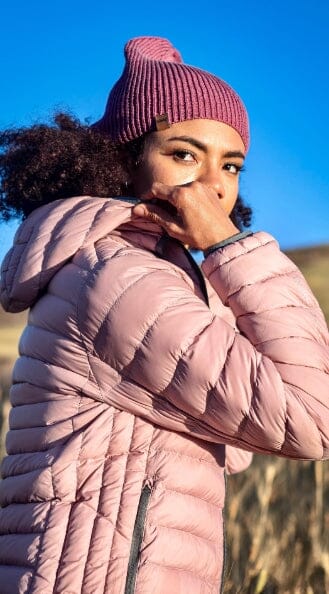 Mauve women's quilted puffer jacket with hood, full-zip front, high collar