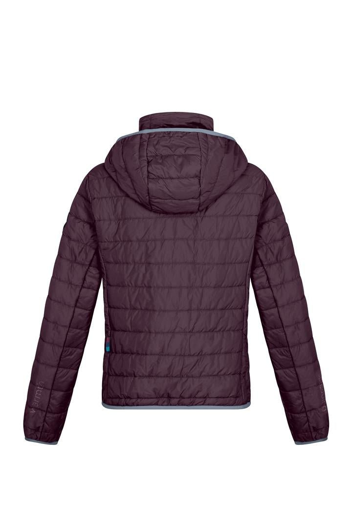 Women's dark plum alpaca puffer jacket from back with hood and long sleeves