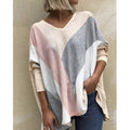 Color-block long-sleeve top with V-neck, chevron stripes; white with gray and blush