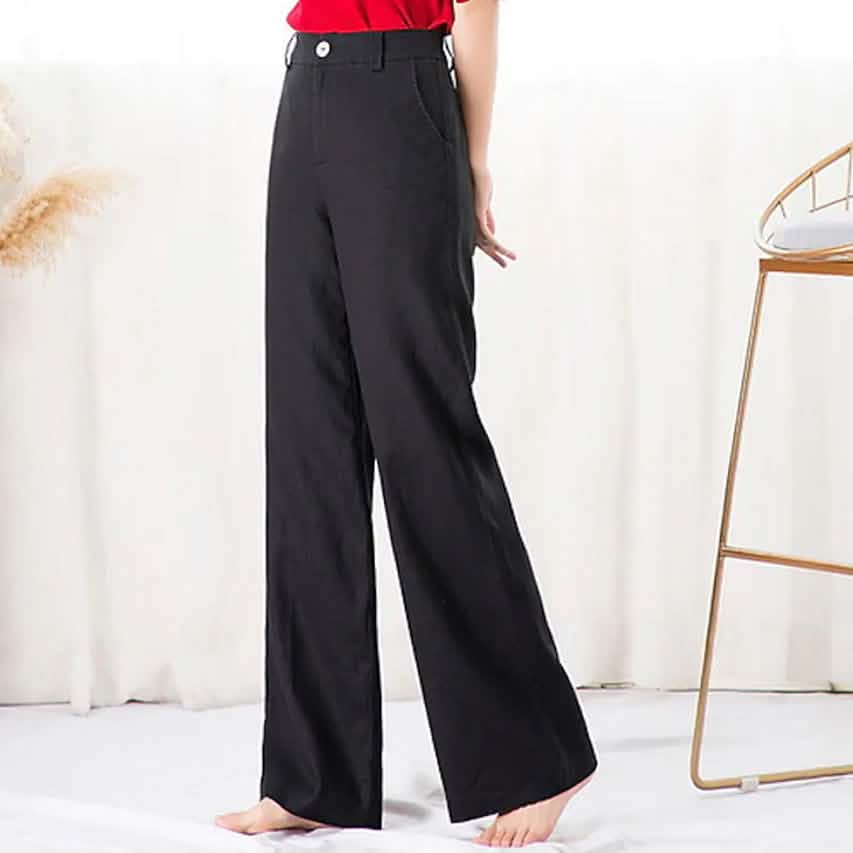 Black straight twill pants with button waistband and side pockets