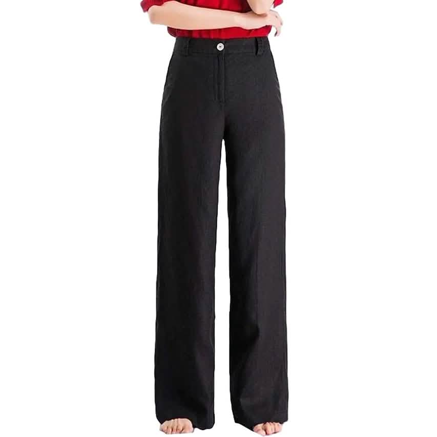 Black straight twill pants with button closure and wide-leg drape