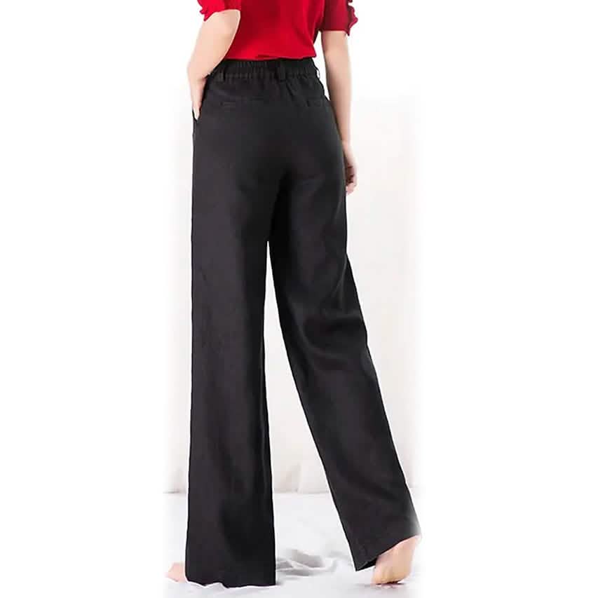 Black straight twill pants with button waistband and relaxed wide leg