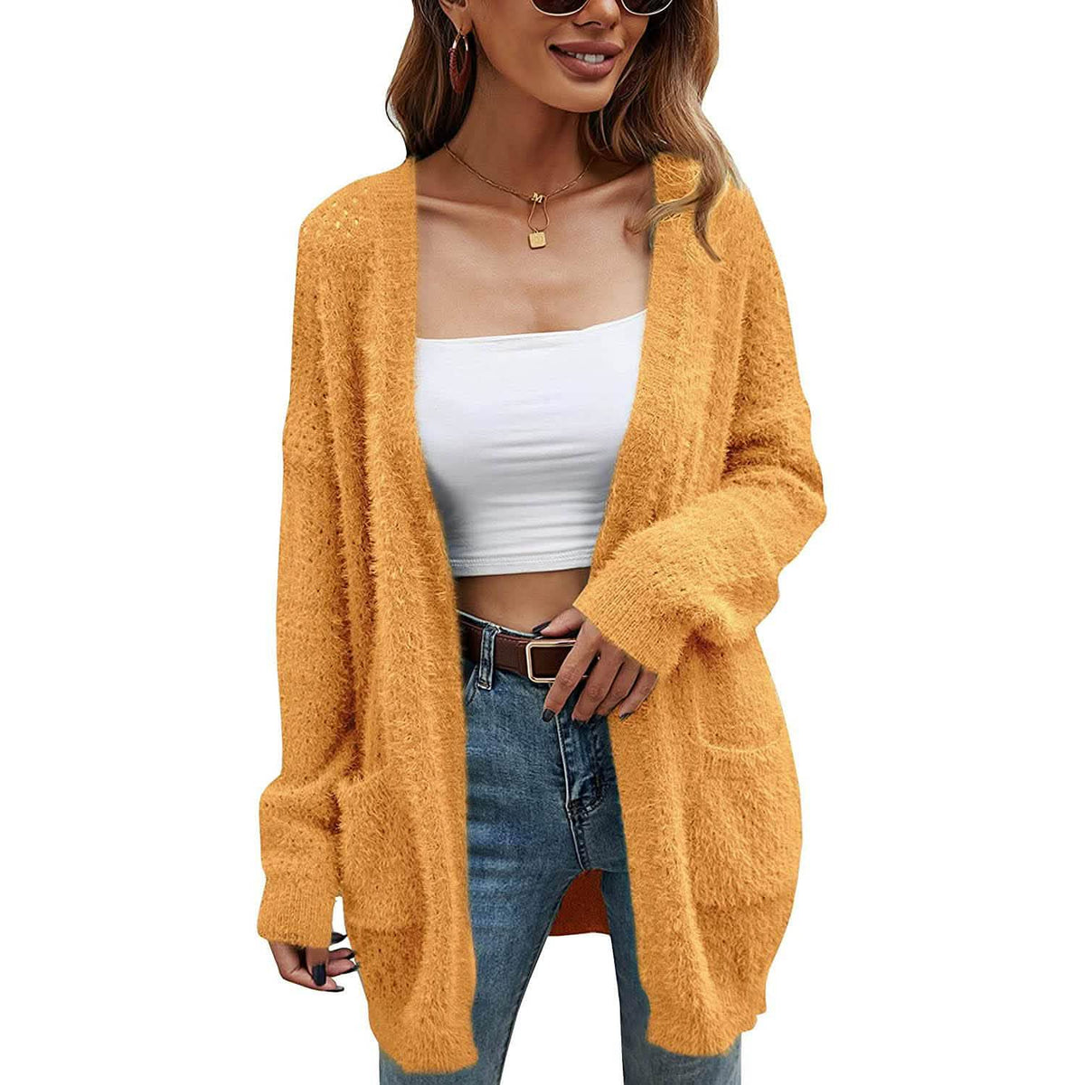 Women's yellow knitted cardigan sweater jacket with open front and long sleeves
