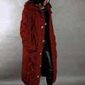 Maroon women’s hooded cable-knit cardigan sweater, chunky open-front with buttons